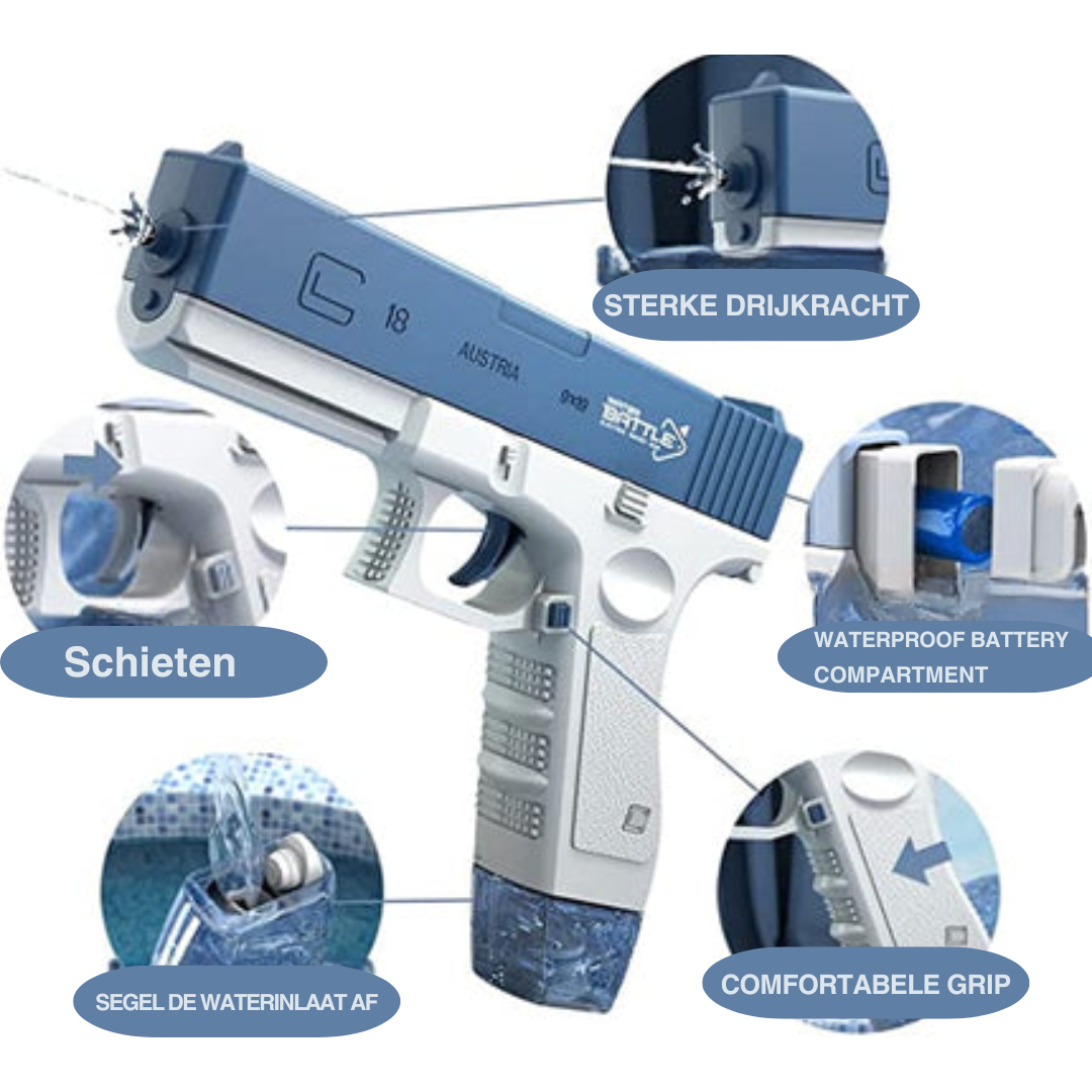 Spetter, lach, win! Met Water Glockie