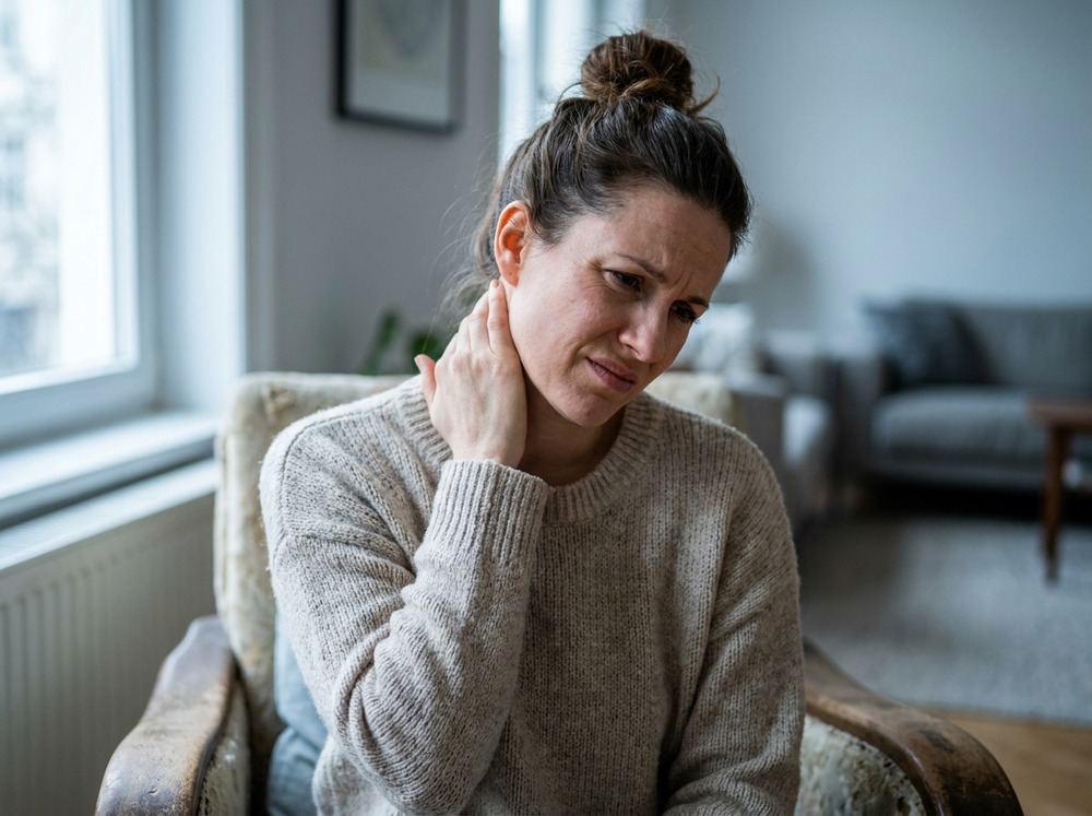 Vrouw met een stijve nek, hand in de nek (voor)