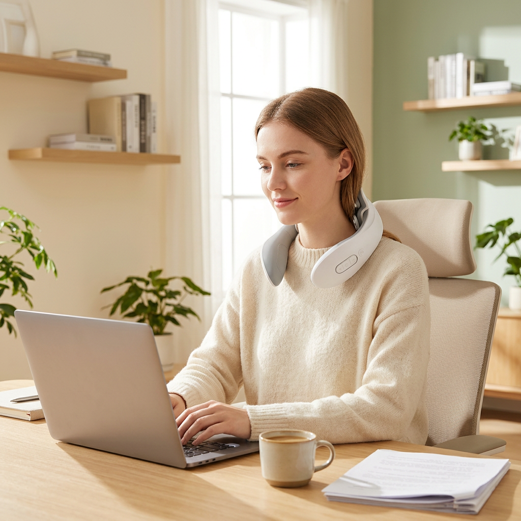 Vrouw aan een bureau met laptop, Rustera-nekmassager om (thuiswerken)