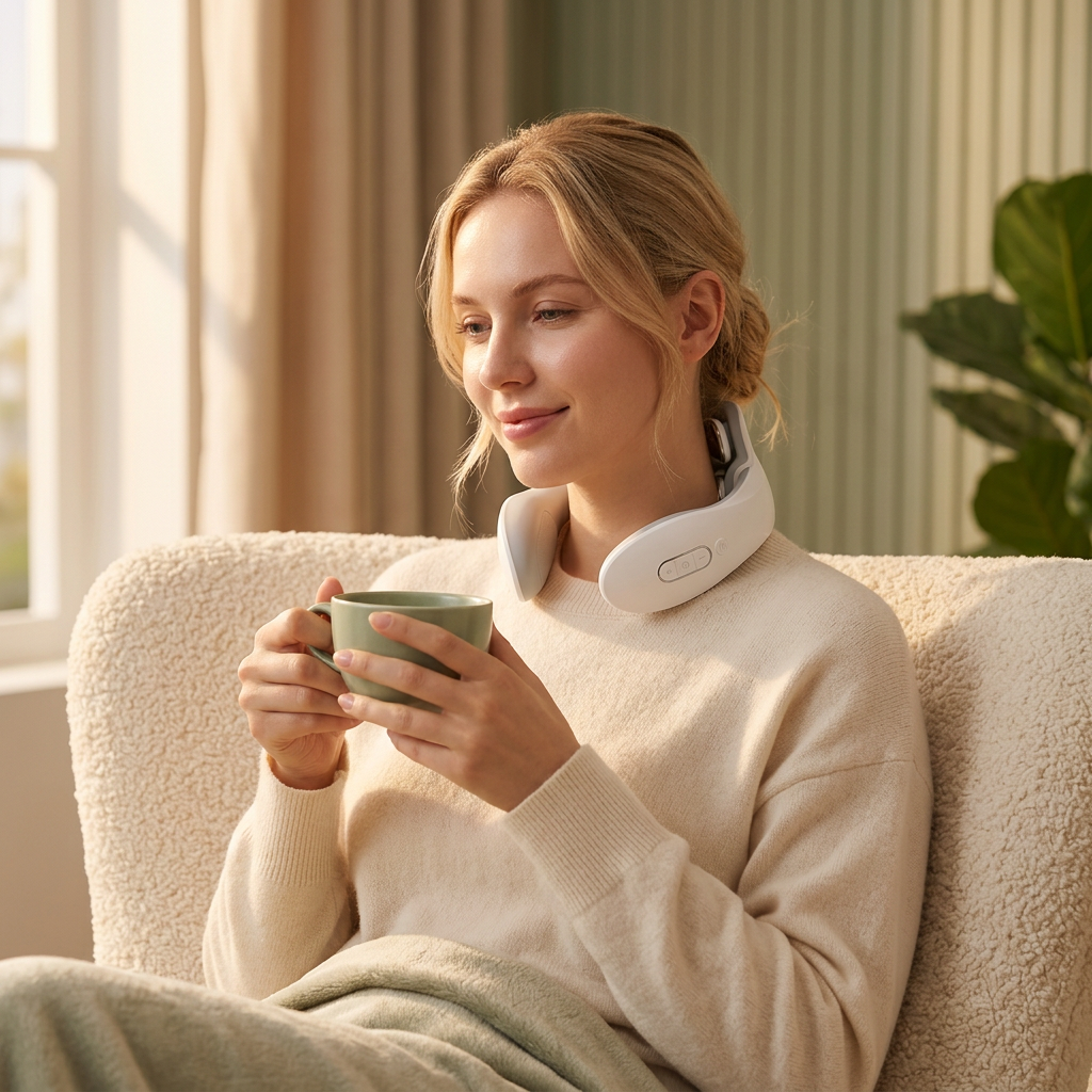Vrouw met kopje thee in een fauteuil, Rustera-nekmassager om