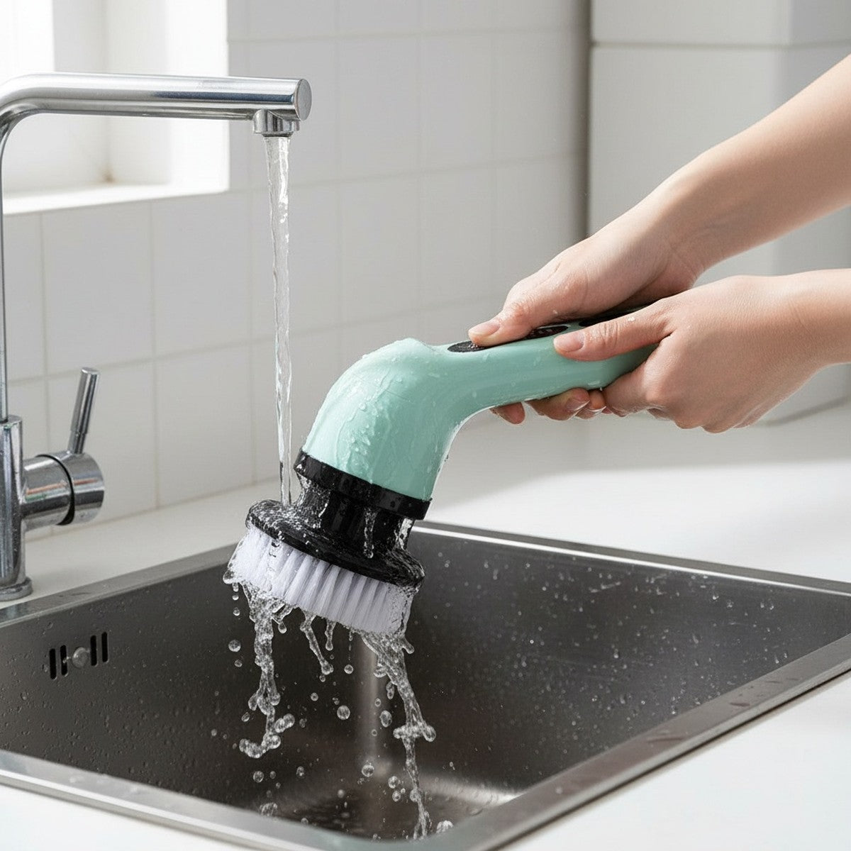 Draadloze Skura schoonmaakborstel onder stromend water bij de kraan