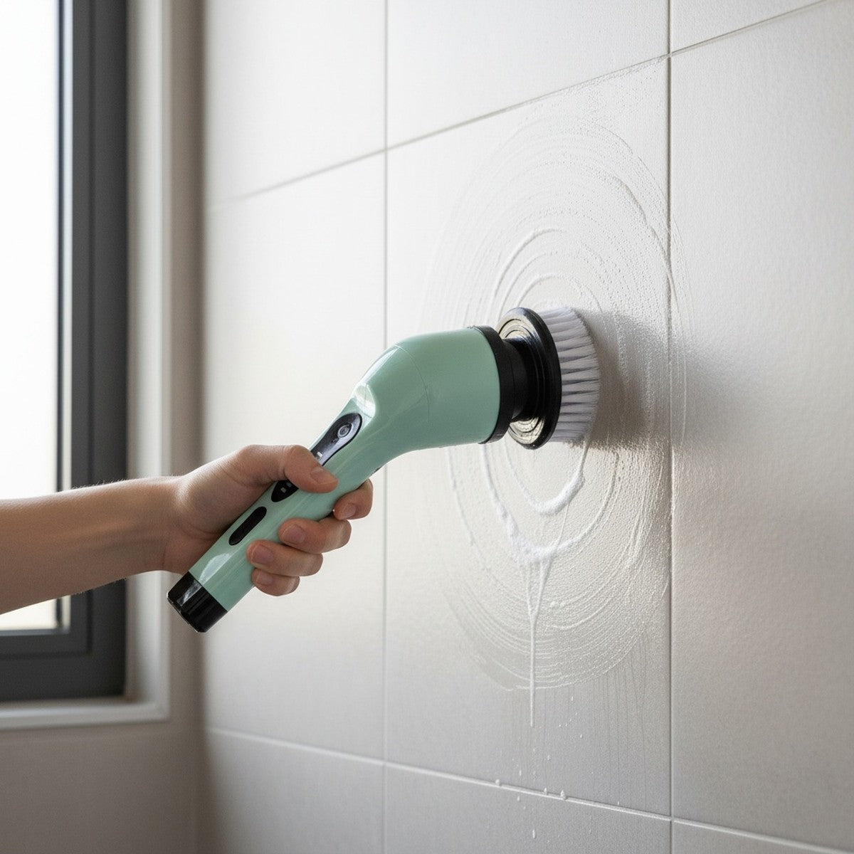 Skura schoonmaakborstel schrobt moeiteloos een badkamerwand schoon
